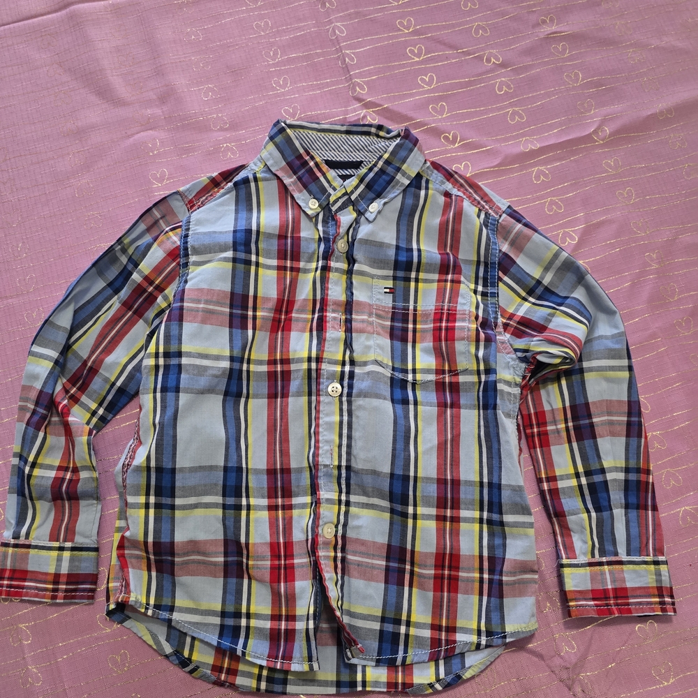 Tommy Hilfiger Men's Red and Blue Plaid Shirt